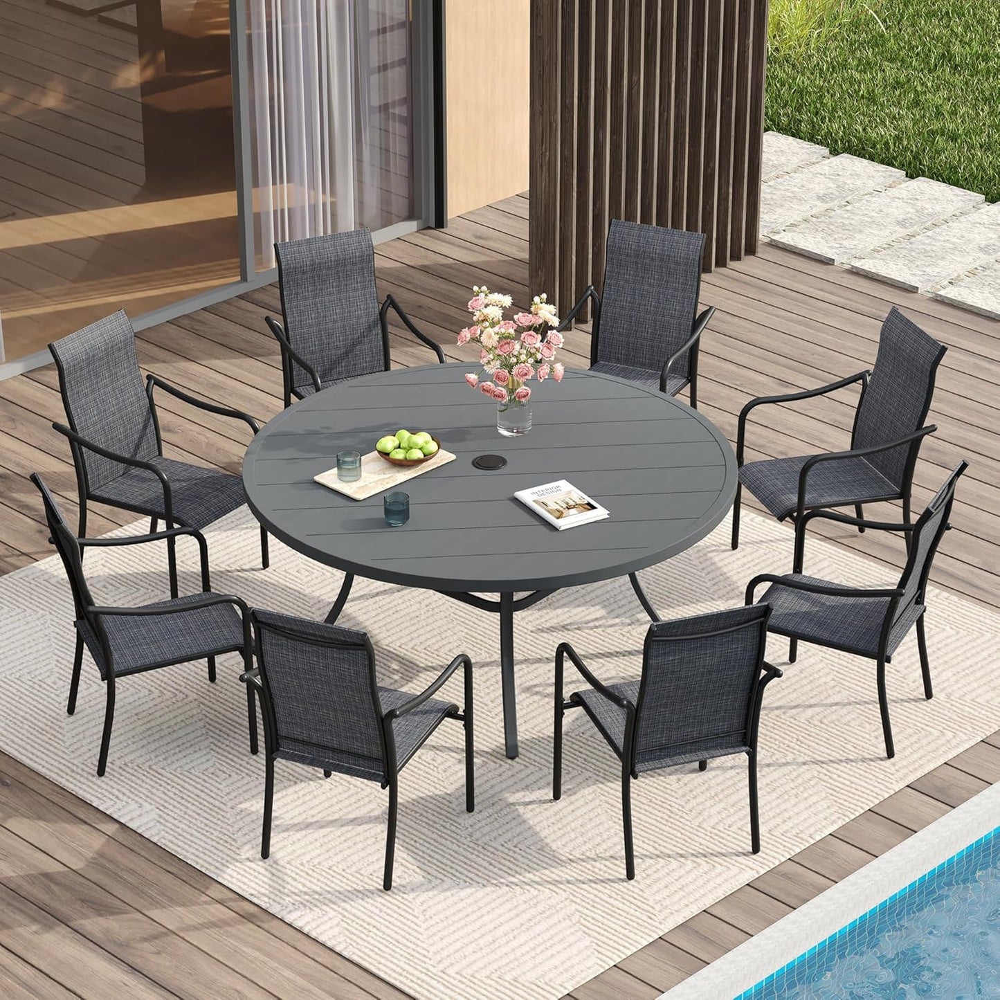 VICLLAX 53" Outdoor Round Patio Table for Lawn Garden, All Weather Metal Round Patio Dining Table with Adjustable Umbrella Hole, Patio Table for 8 Person, Grey
