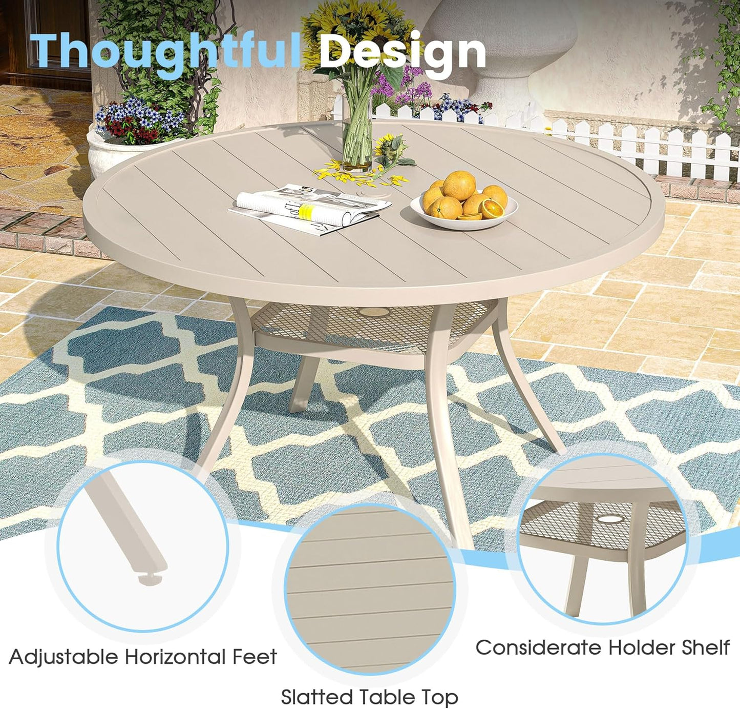 DIFY 48" Round Patio Dining Table for 6, Outdoor Metal Dining Table with 1.57" Umbrella Hole for Backyard Lawn Garden, Sandshell