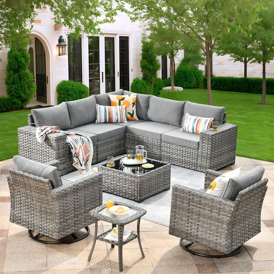 ovios 9 Pieces Patio Furniture Set, Outdoor Wicker Sectional Sofa with 2 Swivel Chairs Coffee Table, Modern Modular Deep Seat Rattan Couch Conversation Sets, Dark Grey