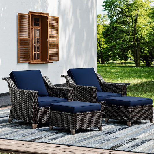Joyside Wicker Patio Furniture Sets, 4 Pieces Upgraded Large Size Outdoor Furniture with Patio Dining Chairs and Outdoor Ottoman, Thick Cushions, Wide Armrest