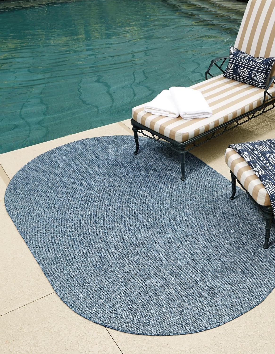 Unique Loom Collection Casual Transitional Solid Heathered Indoor/Outdoor Flatweave Area Rug (5' 3" x 8' Oval, Blue/Navy Blue)