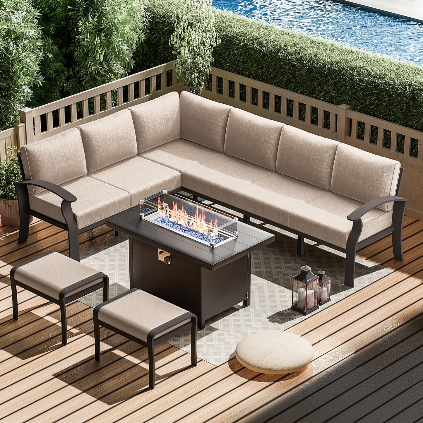 Aluminum Patio Furniture Set with Fire Pit Table, 8 Seats Outdoor Patio Conversation Set Modern Metal Patio Sectional Sofa w/5.1" Upgrade Cushions for Porch, Patio, Backyard(Sand).
