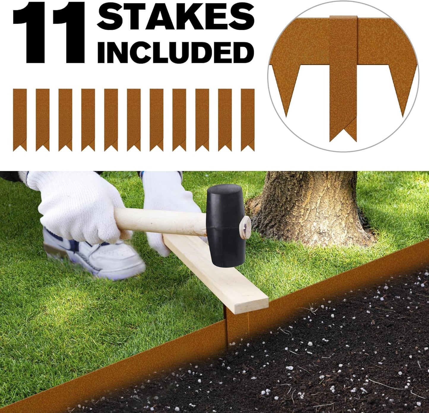 KOL Weather Resistant Steel Flexible Garden Lawn Edging, 10-Pack Pre-Rusted Metal Landscape Edging Strips - Heavy Duty Hammer-in Border with 11 Clips - 16-Gauge - 40" L x 4.5" H (33FT Total Length)