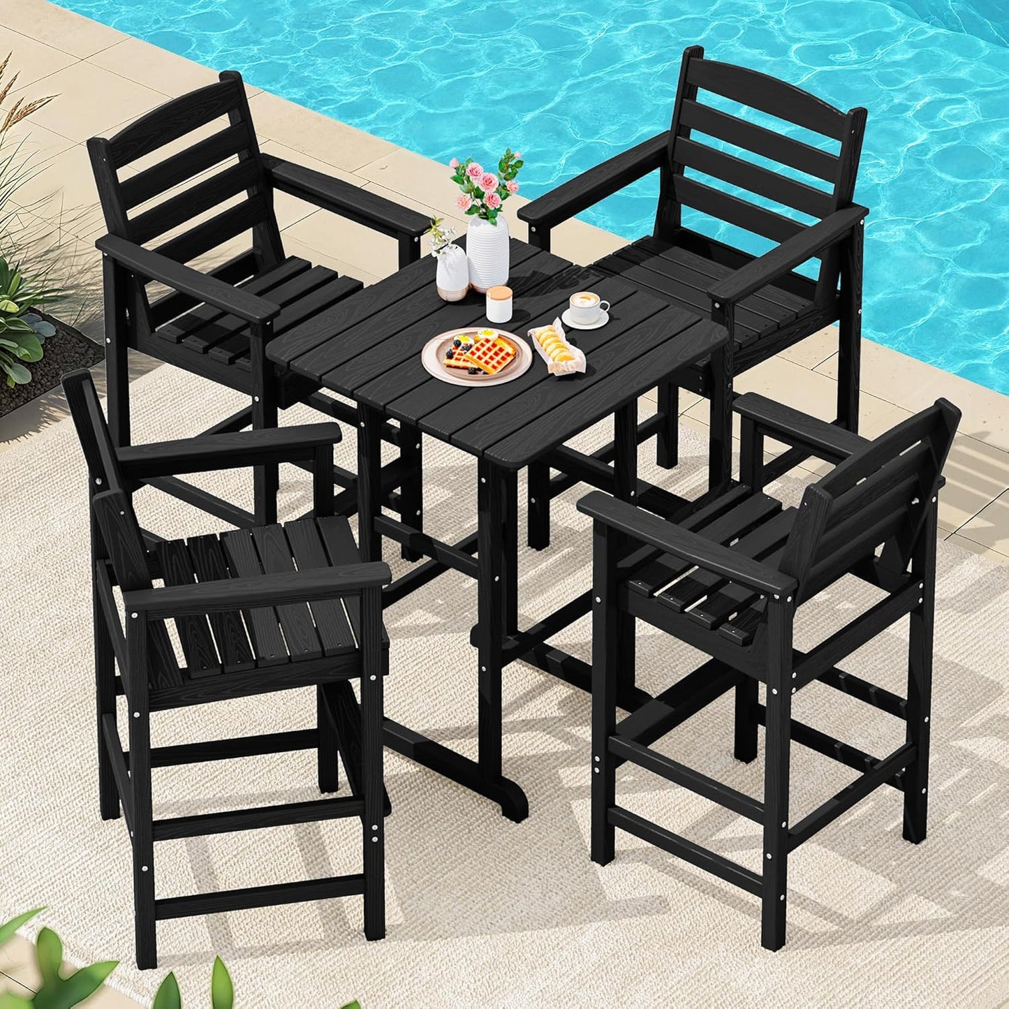 SERWALL 5-Piece Adirondack Bar Chairs Set, HDPE Adirondack Barstools with Pub Table, Outdoor Patio Bar Furniture for Bistro, Balcony, Poolside, Garden - Black