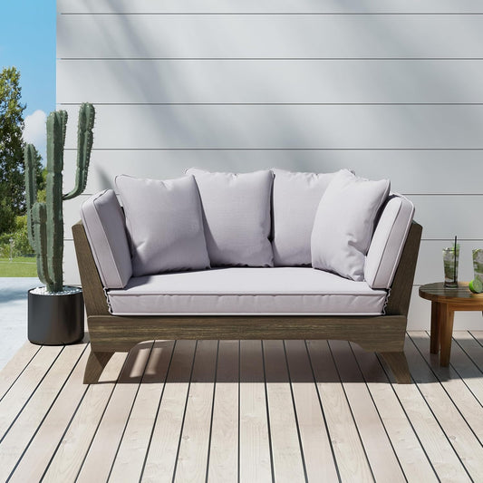 Outdoor Adjustable Patio Wooden Serene Daybed Sofa Chaise Lounge with Cushions for Small Places, Sleeper Chair with Armrest for Backyard, Poolside (Grey)