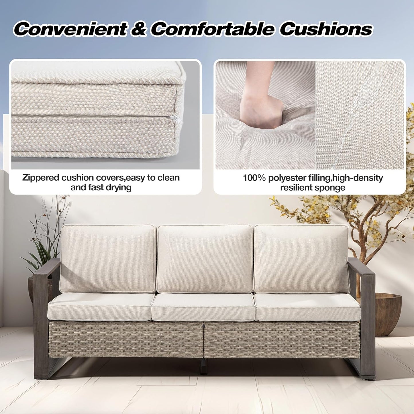 Joyside Outdoor Patio Wicker Sofa, 3-Seater Rattan Sofa with Thick Olefin Cushions and Metal Steel Rectangular Framed Armrest -Looking Metal Armrest Suitable for Garden, Backyard, Porch, Deck (Beige)