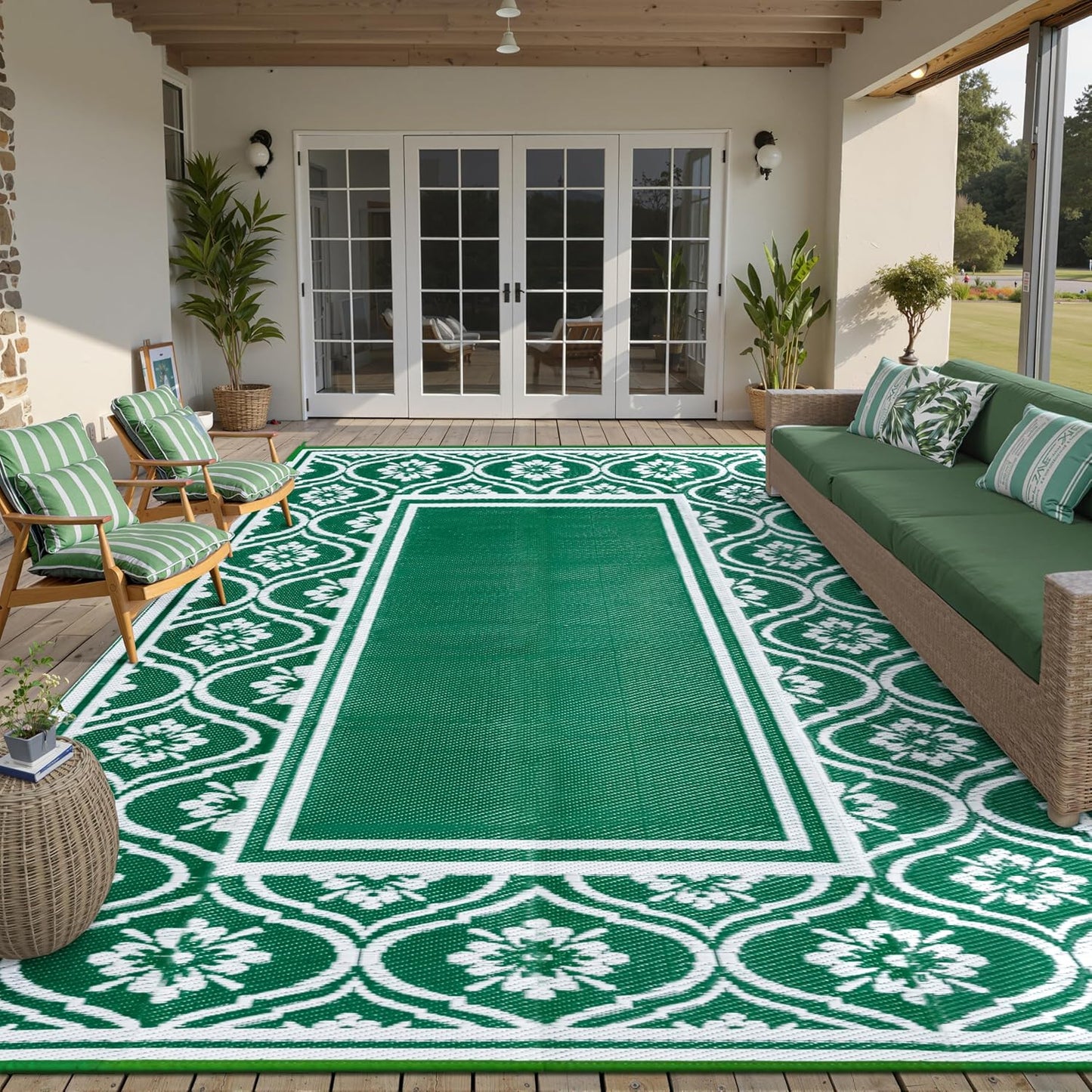 Outdoor Rug 8x10 Patio Waterproof Mat Camping Carpet Outside Area Rug Reversible Green Rugs for RV Deck Entryance Porch Picnic Balcony Beach
