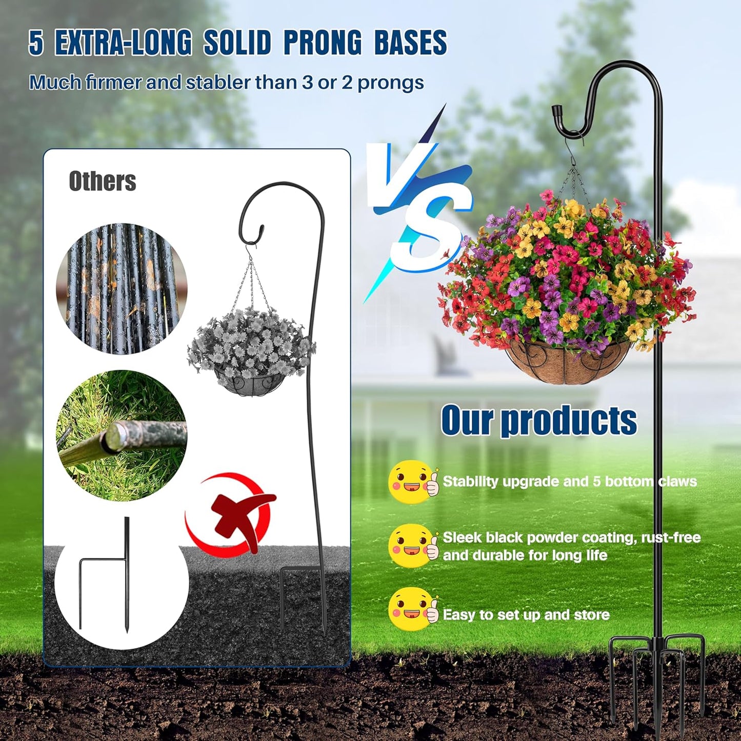 Ottsuls Shepherds Hooks with 5 Prongs Base for Outdoor - 92" Adjustable Bird Feeder Pole for Outside Hanging, Garden, Hummingbird Feeder, Plant Baskets, Solar Light Lanterns, Wedding Decor (1 Pack)