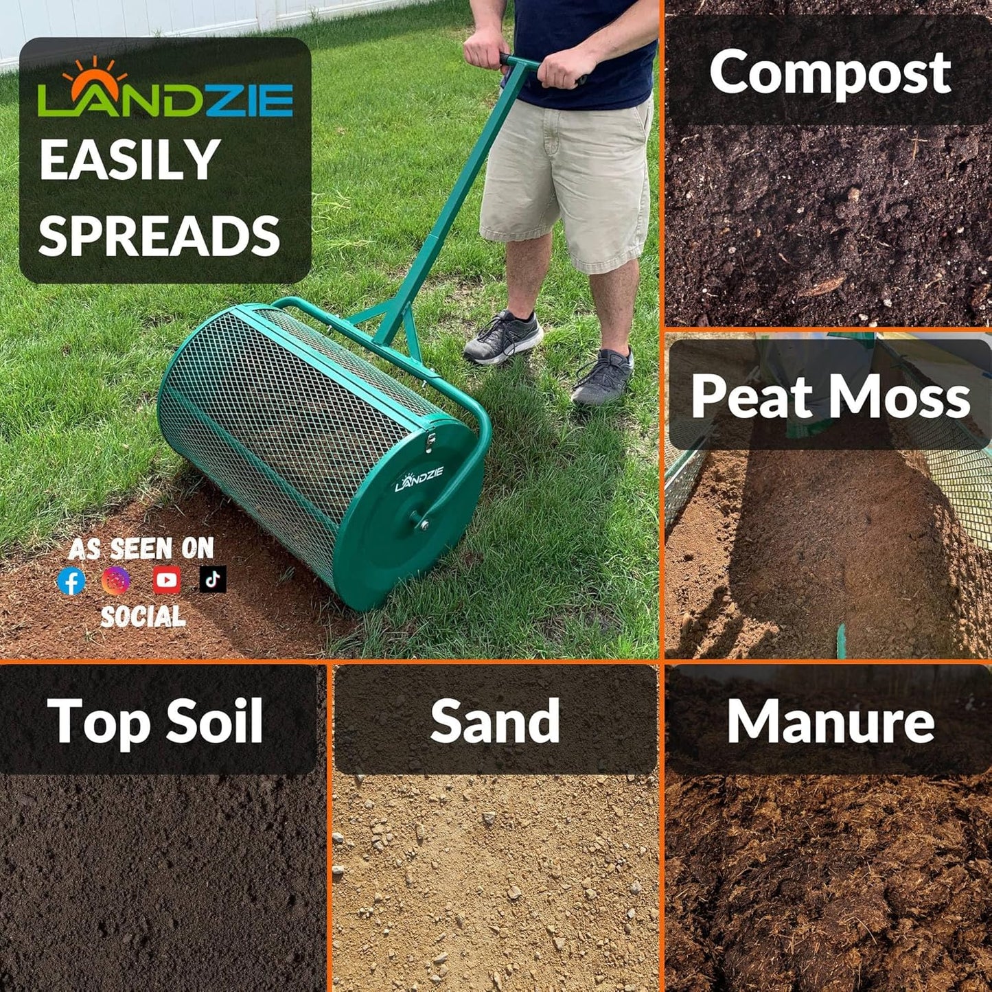 LANDZIE - The Original 24 Inch Compost and Peat Moss Spreader Roller - Top Soil, Sand, Manure, Mulch, Top Dressing Lawn and Garden Spreader