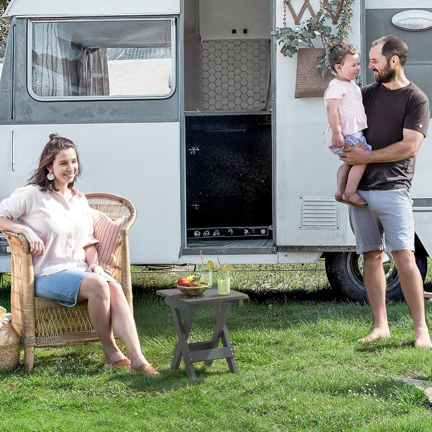 LUE BONA Small Outdoor Folding Side Table, HDPS Outside End Table for Patio, Porch, Deck, Pool, 14 Inch Height, Netural Grey