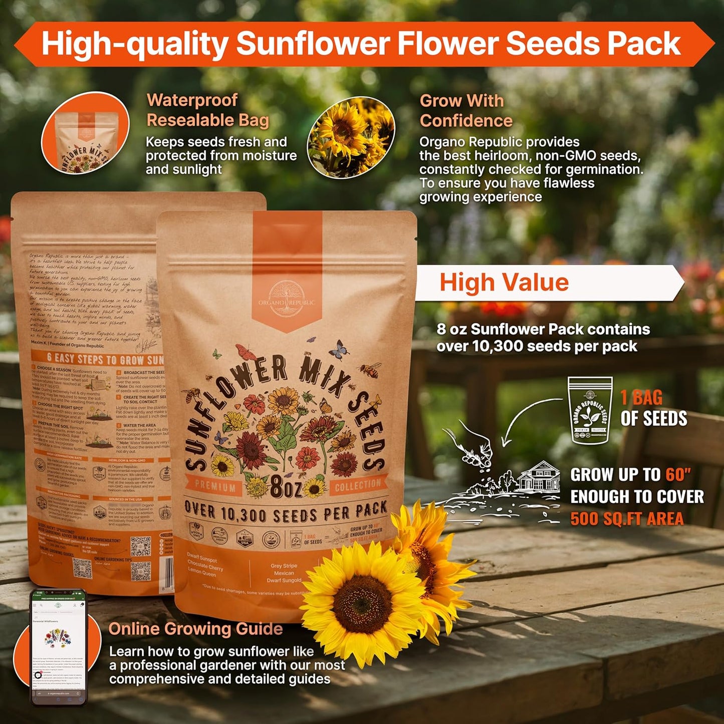 Sunflower Mix Seeds Pack 8 oz - Over 10,300 Non-GMO Heirloom Sunflower Seeds for Planting, Annual Flowers in Individual Seed Packet for Planting Home Garden Indoor & Outdoor Gardening