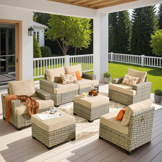 HOOOWOOO Outdoor Sectional Patio Furniture Set,7 Pieces Wicker Conversation Sets,Extra Deep Out Door Sofa Outside Furniture Couch with Ottoman,Beige