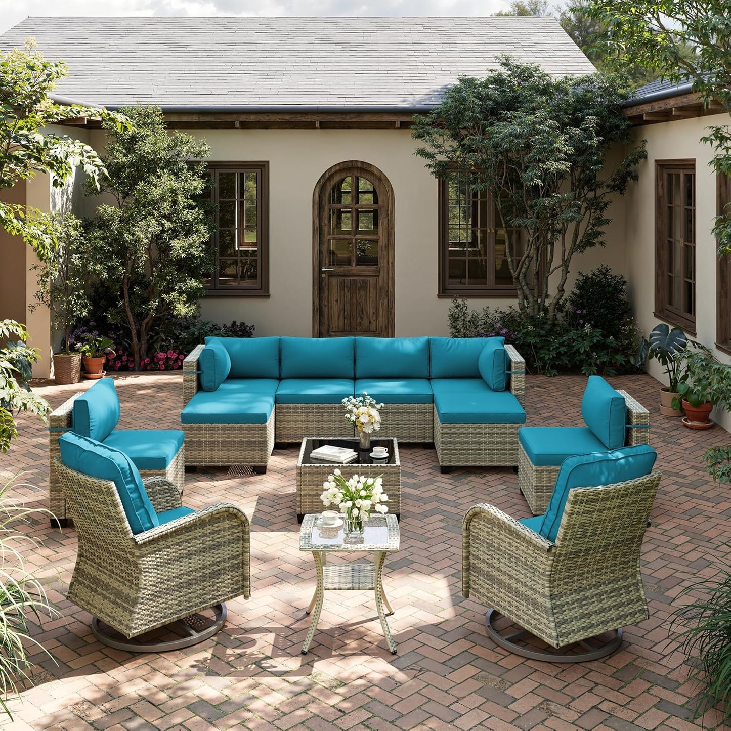 12-Piece Patio Furniture Set, Outdoor Patio Furniture with Swivel Chairs Set, Ottomans, Modular Patio Sofa, Dual-Strand Wicker Rattan, Rust-Resistant Frame, Lake Blue