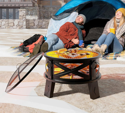 Fire Beauty 26"Steel Fire Pit with Grill Grate&Spark Screen,360° Airflow Boost Technology,Less Smoke,Larger Flames,Heavy-Duty Portable Camping Fire Pit for Backyard,Beach,RV (22lbs,4 Handles,Dual-Use)