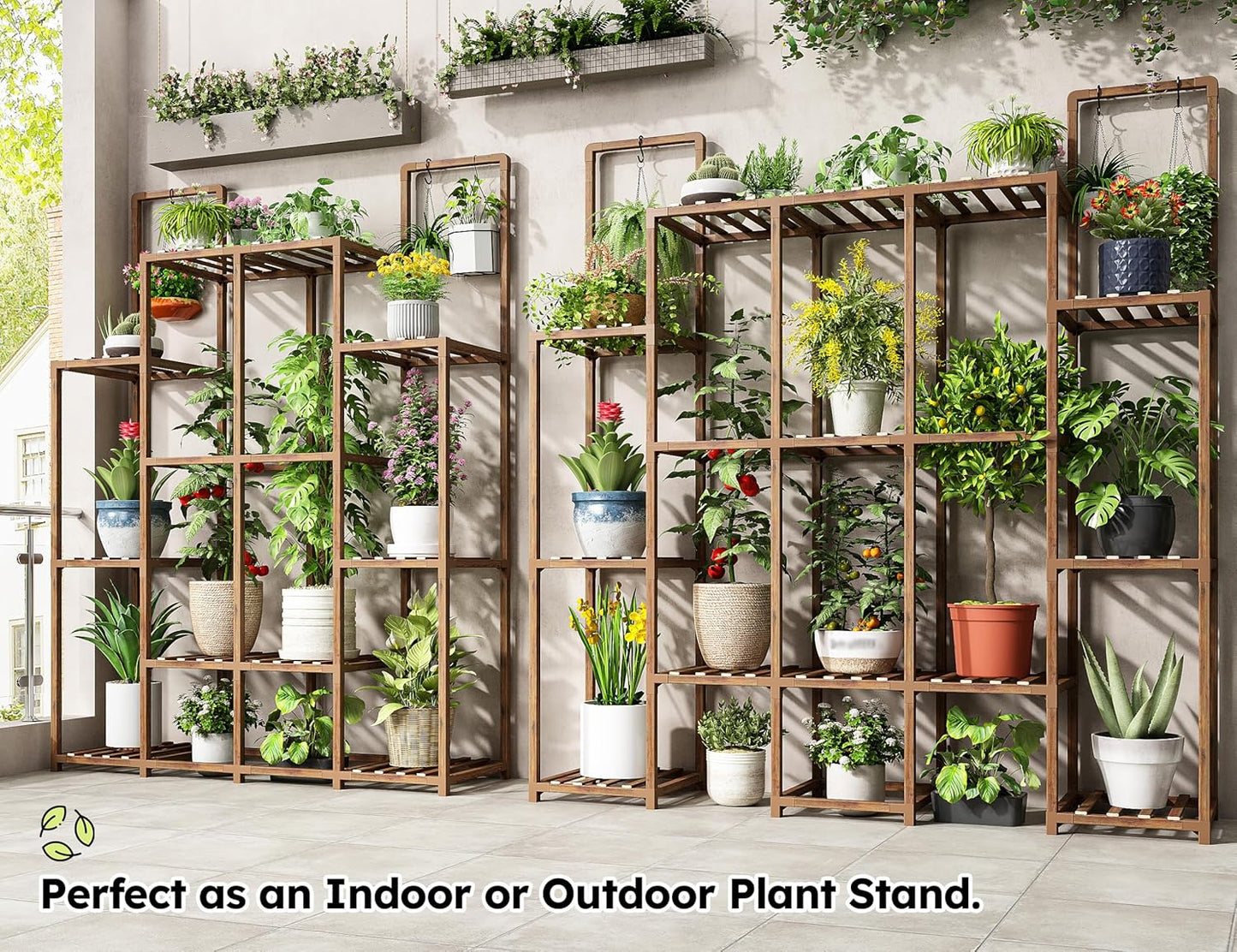EnHomee Plant Stand Indoor for Multiple Plants Stand Outdoor with 18-22 Potted Double Rod for Hanging Plant Shelf 570 LBS Wood Plants Shelves for Living Room Patio Balcony Yard Garden 56''W×11.6''D×47''H