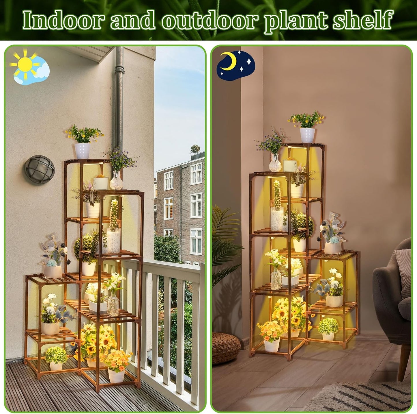 Dreyoo Plant Stand with Grow Lights, Wood Plant Shelf with Full Spectrum Grow Lamp for Indoor Corner, Vintage Multi Layer Lighted Stand for Living Room Balcony Display(12 Tiered Shape)