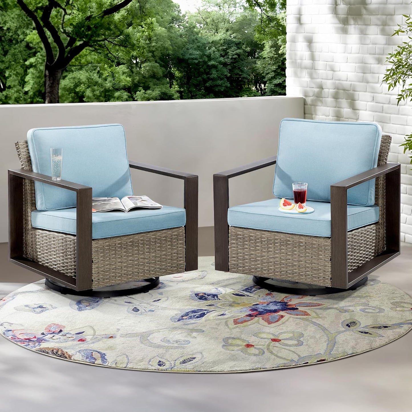 Outdoor Swivel Patio Metal Chairs Set of 2 - Porch Furniture 2 Pieces 360 Degree Glider Rockers Rattan Chairs with Washable Cushion & Metal Steel Rectangular Framed Armrest, Baby Blue