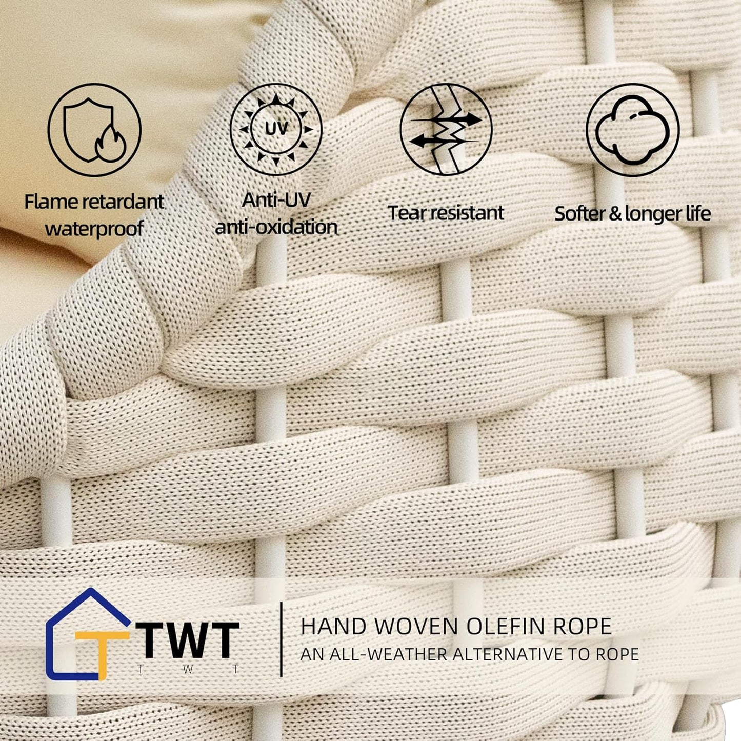 5-Piece Aluminum Patio Furniture Set, Olefin Rope Modern Outdoor Conversation Set Sectional Sofa with Water Repellent Thick Cushions and Coffee Table for Balcony, Garden, Beige