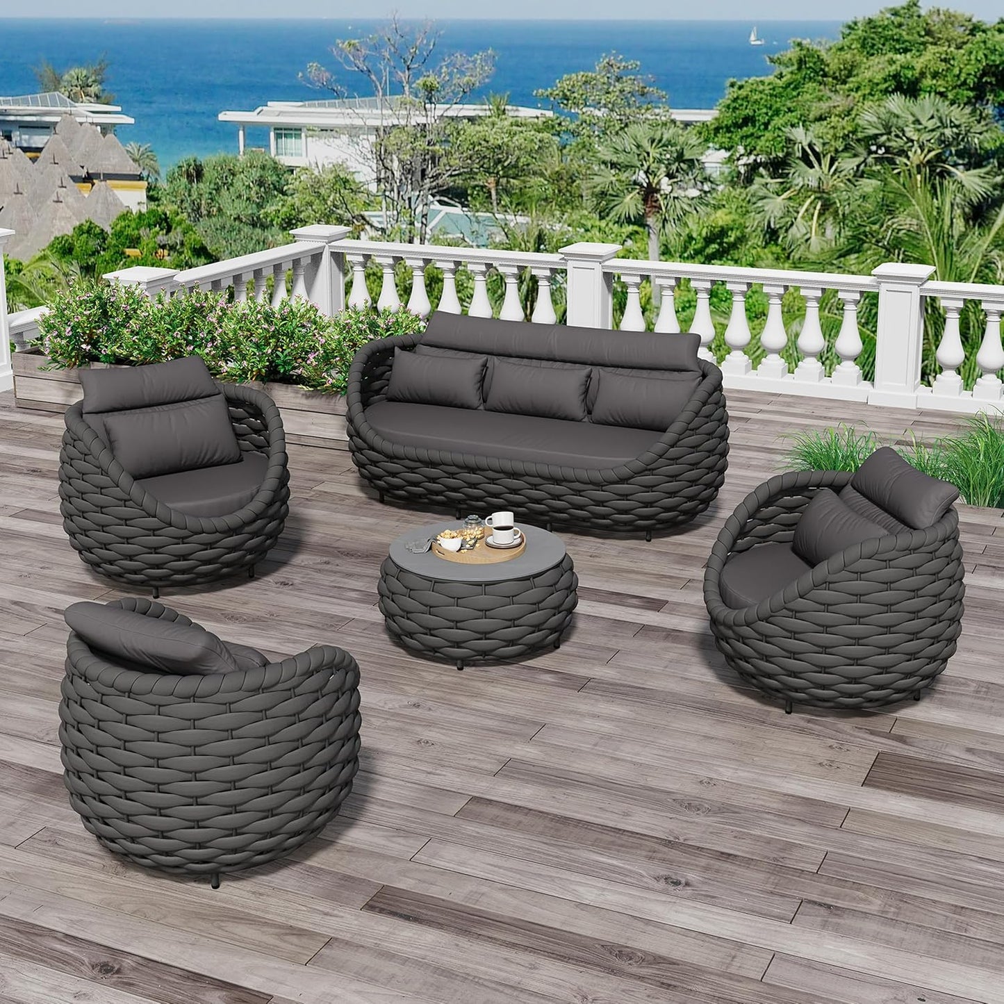 Aluminum Outdoor Patio Couch Set: 5 Pieces Woven Rope Porch Furniture Sofa Set - Metal Modern Deck Conversation Set - All Weather Assembled Courtyard Seating for Backyard Hotel Resort, Dark Grey