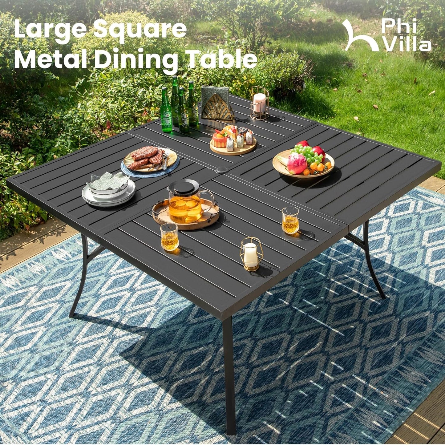 PHI VILLA 9 Pcs Patio Dining Set with Large Square Metal Dining Table & 8 Outdoor Textilene Fabric Swivel Dining Chairs, Outside Table Chair Furniture Dining Set for 8 Person