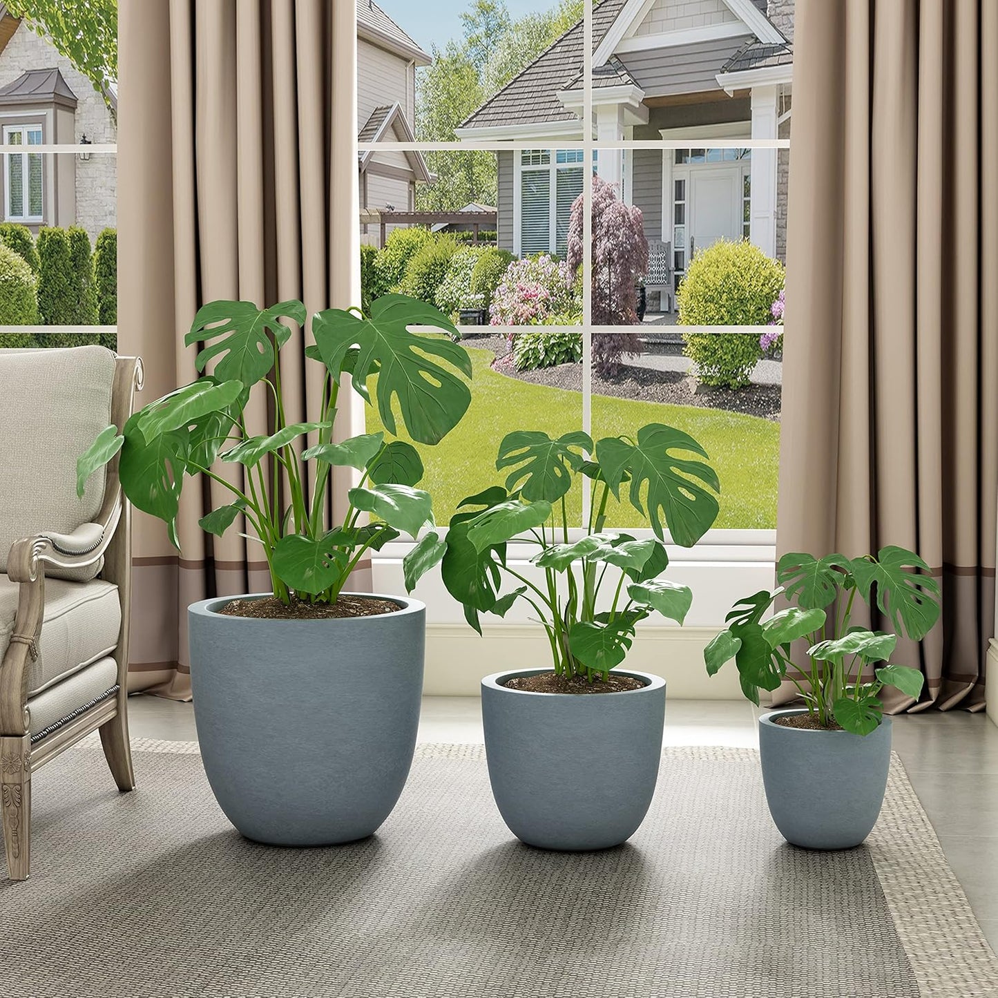 Kante 18",14",10" Dia Concrete Round Planters (Set of 3), Outdoor Indoor Large Planter Pots with Drainage Hole and Rubber Plug for Home Patio Garden, Gray