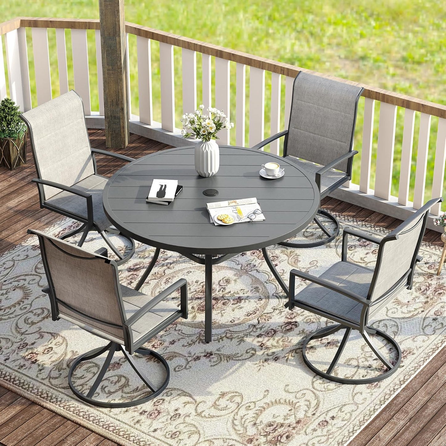 VICLLAX 41.2"x 28" Outdoor Round Patio Table for Lawn Garden, All Weather Metal Round Patio Dining Table with Adjustable Umbrella Hole, Patio Table for 4 Person, Grey Tabletop