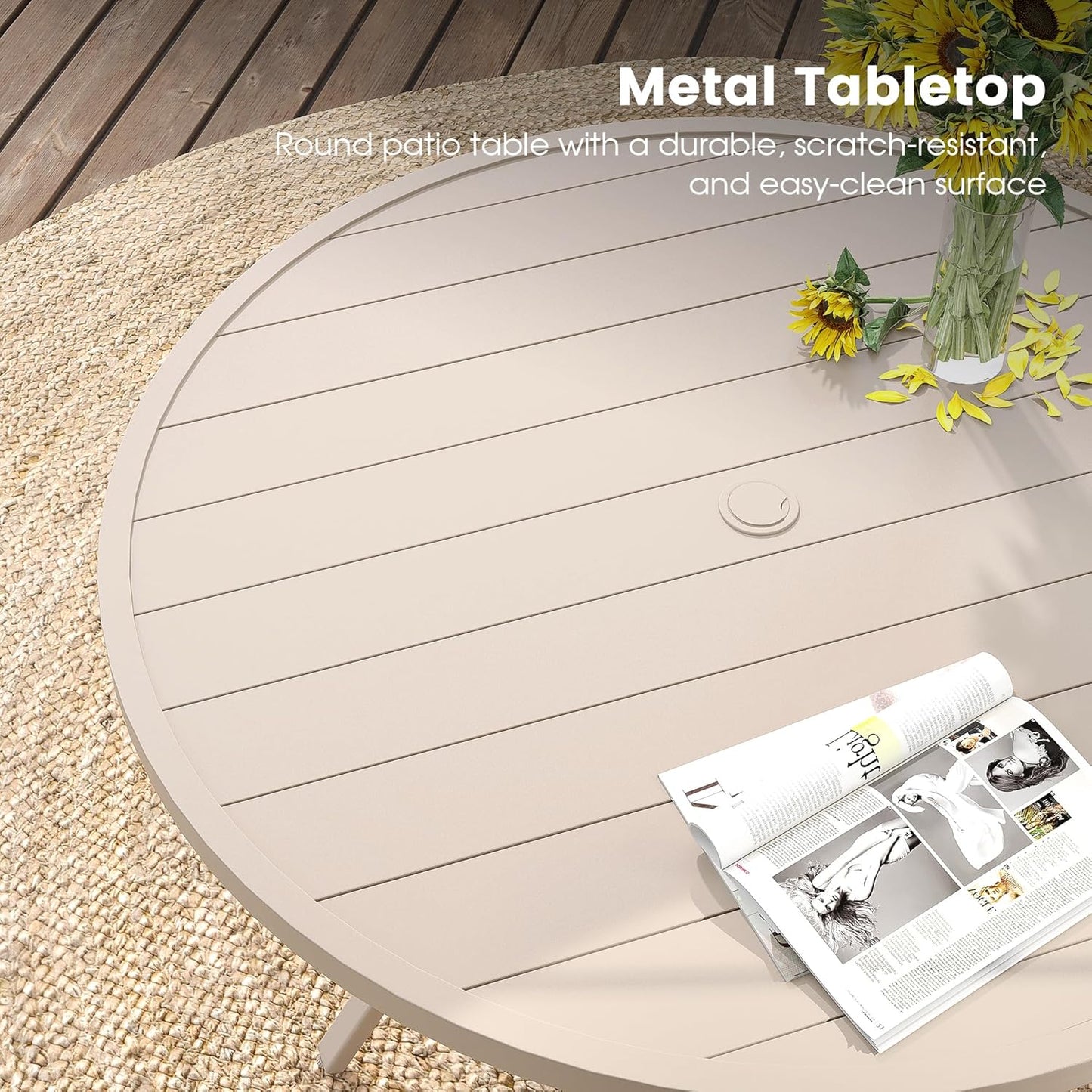 DIFY 53" Round Outdoor Patio Dining Table for 8, Metal Patio Table with 1.57" Adjustable Umbrella Hole, All-Weather Dining Furniture Table for Backyard Lawn Garden, Cream