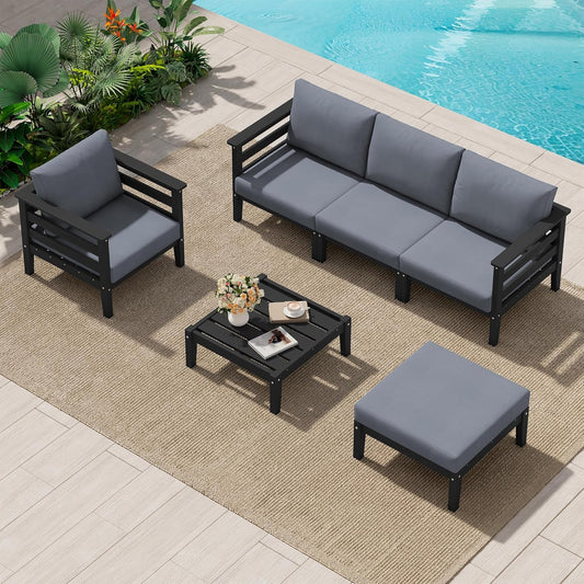 SERWALL HDPE Patio Furniture Set, 6 Pieces Outdoor Sectional Sofa Set, All-Weather Wood-Like Outdoor Sofa Couch with Coffee Table for Deck, Lawn, Black Frame with Grey Cushion