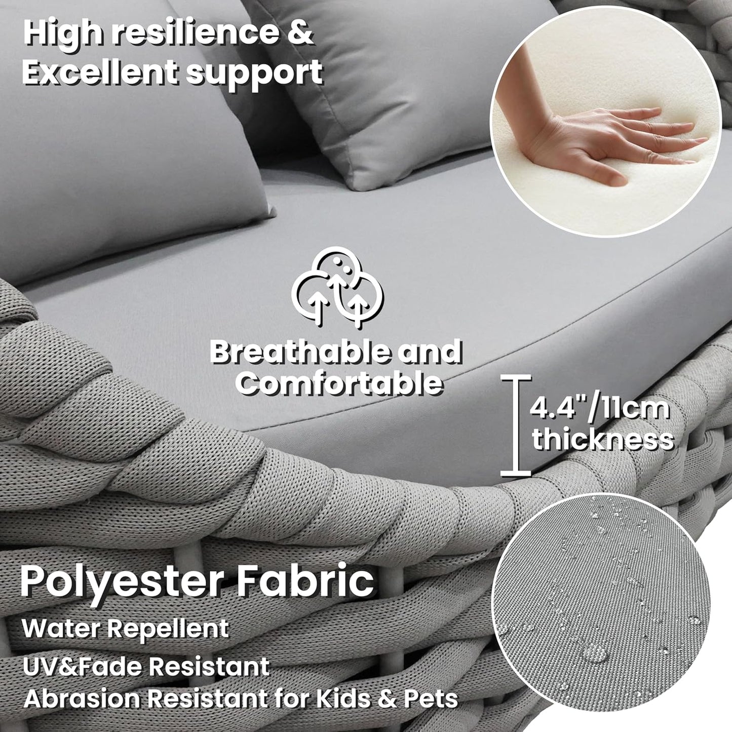 Woven Rope Patio Furniture Set: 4 Pieces Aluminum Outdoor Conversation Sofa Set Assembled - Modern Couch Set Cushioned - All Weather Metal Porch Seating for 5 Person Deck Garden Pool Hotel, Gray