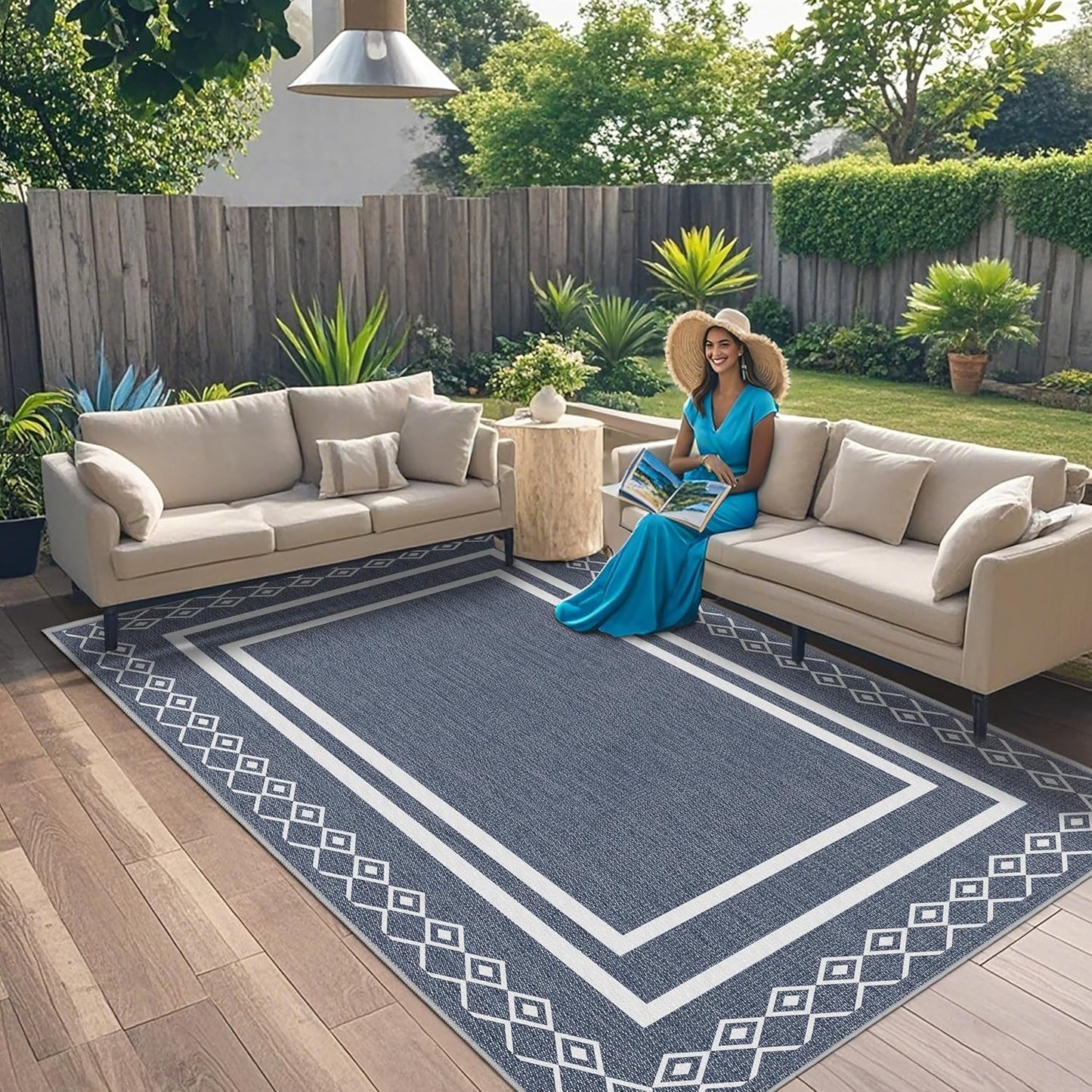 Outdoor Patio Rug, Outside Rectangular Carpet, Moroccan Geometric Rugs, Washable Large Indoor Outdoor Rug 8x10 Mats for RV, Picnic, Backyard, Deck, Balcony, Porch, Beach