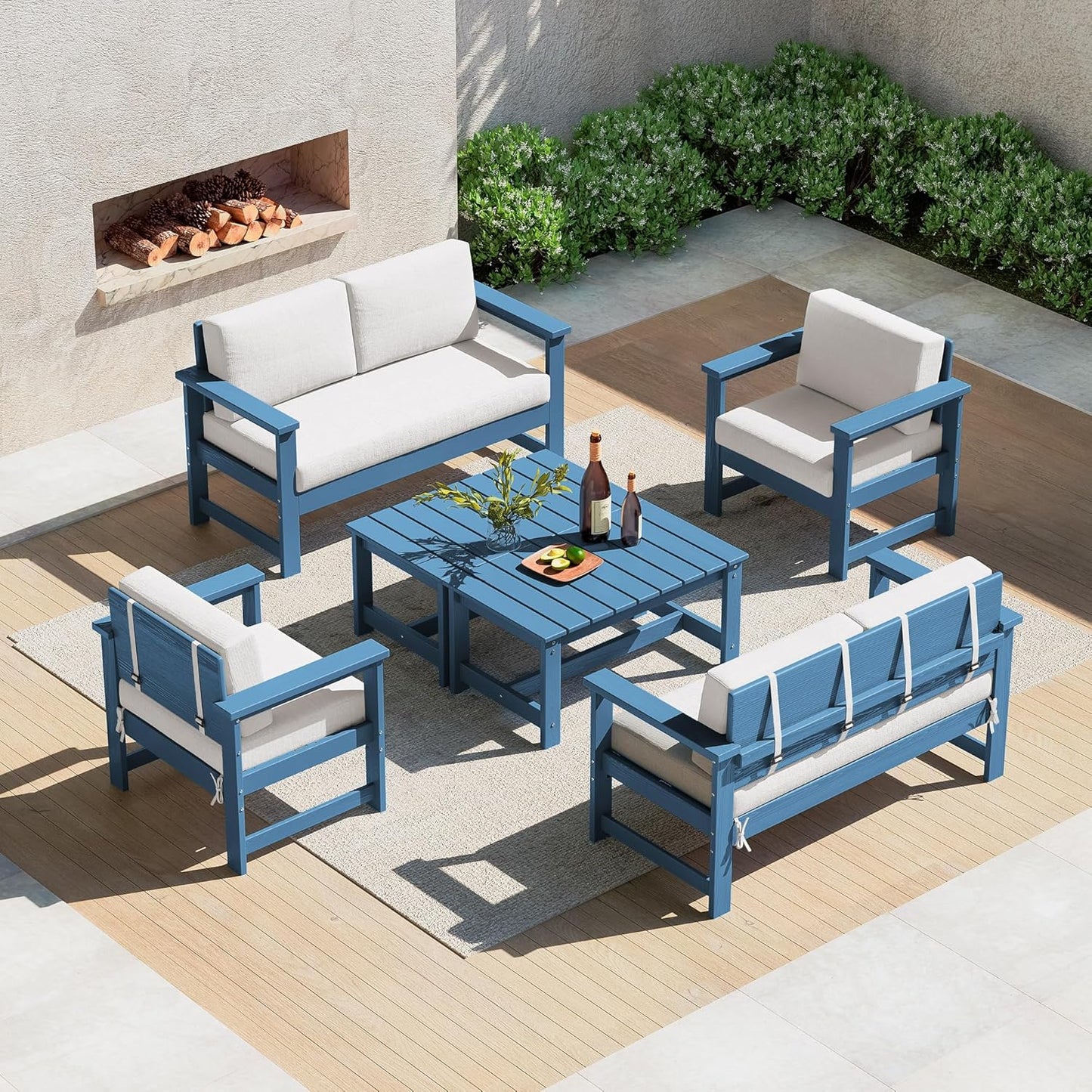 SERWALL 6 Pieces HDPE Outdoor Sofa Set with Cushions, Outdoor Conversation Couch Loveseat Furniture Set with Coffee Table for Balcony, Deck, Poolside, Black Frame with Khaki Cushions