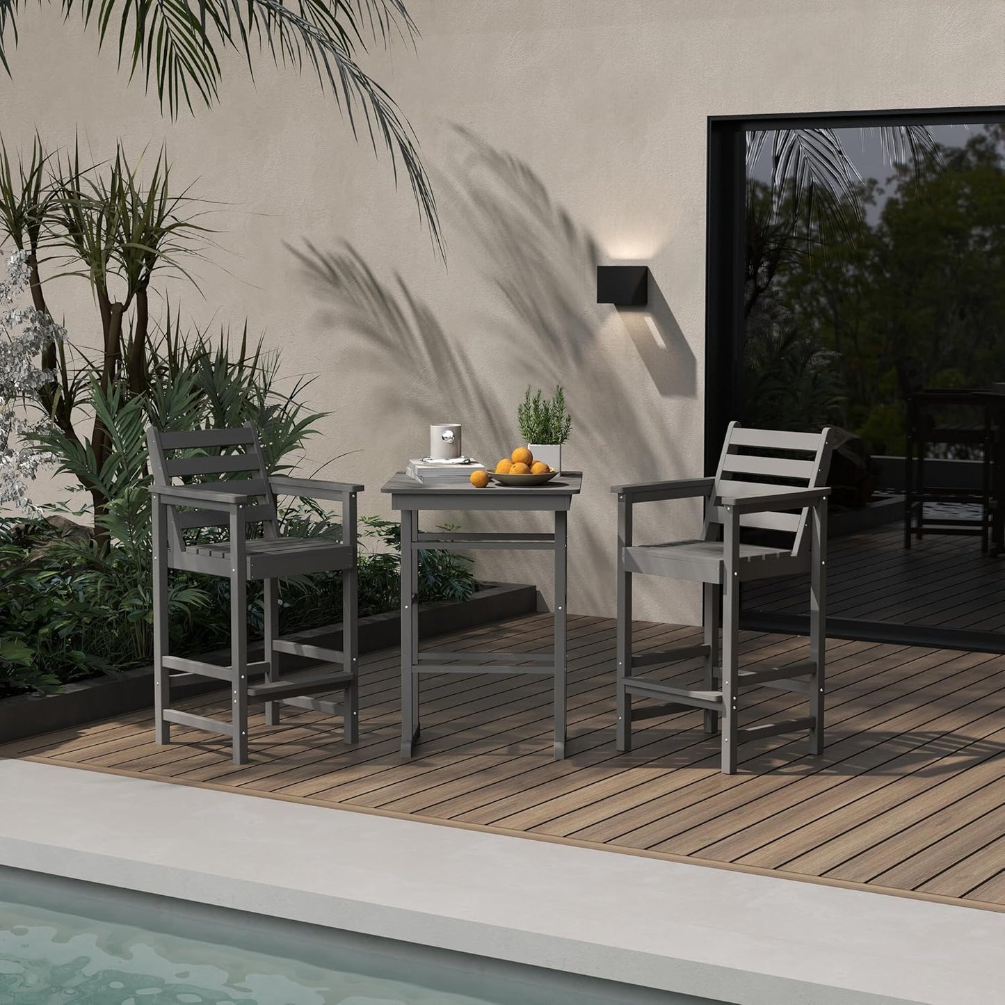 Outdoor Bar Set, 3-Piece HDPE Balcony Set with 2 Tall Adirondack Chairs and Bar Table, All-Weather Bar Height Stools for Patio, Backyard, Poolside (Grey)