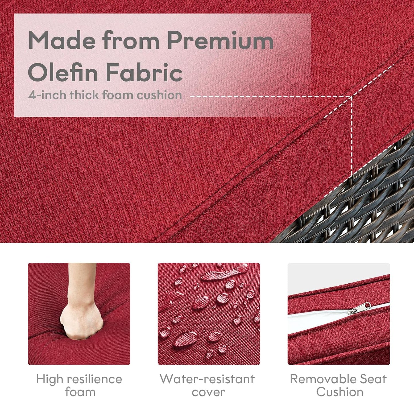 5 Piece Outdoor Patio Furniture Set - Wicker Furniture Patio Conversation Set, Outdoor Swivel Rocker Chairs with 3-Seater Sofa and 2 Ottomans for Small Space, Red Cushion