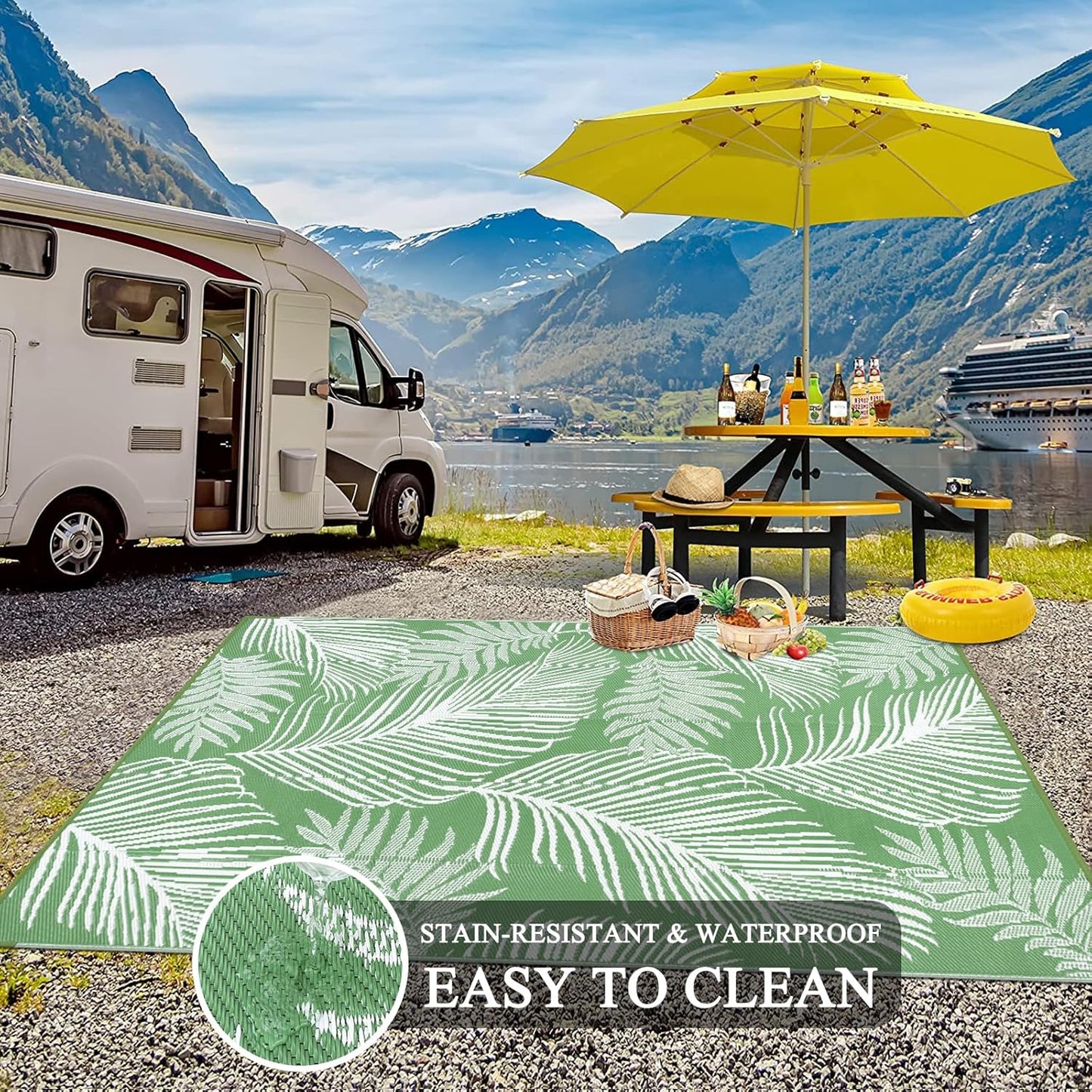 Pauwer Waterproof Outdoor Rug 9x12, Reversible Plastic Straw Patio Camping Rug, Indoor Outdoor RV Mat Carpet for Deck, Camper, Porch, Balcony, Backyard, Picnic, Leaf Green