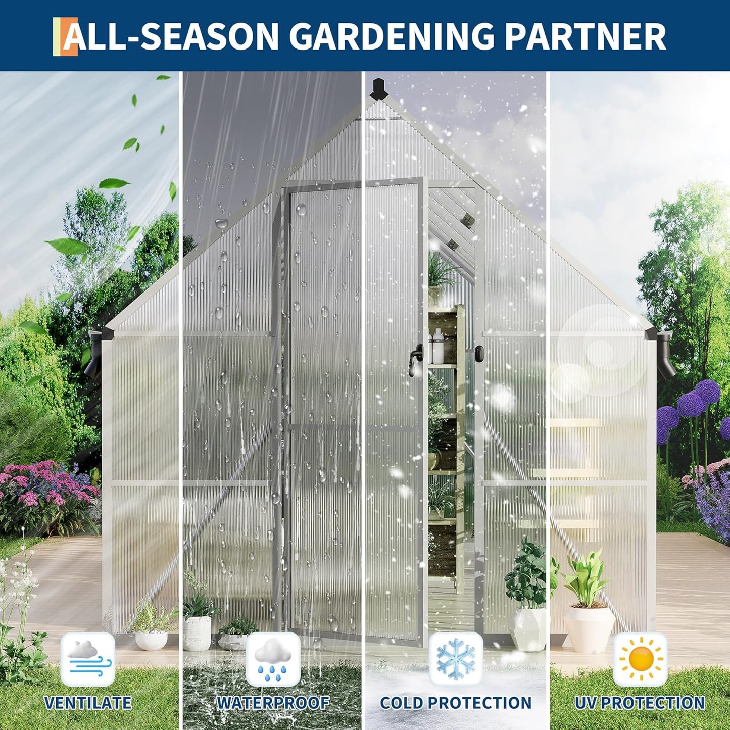 8'X16' Aluminum-Framed Polycarbonate Greenhouse, Heavy Duty Polycarbonate Greenhouse with Quick Setup Structure and Roof Vent, Large Enhanced Aluminum Greenhouses Kit for Outdoors