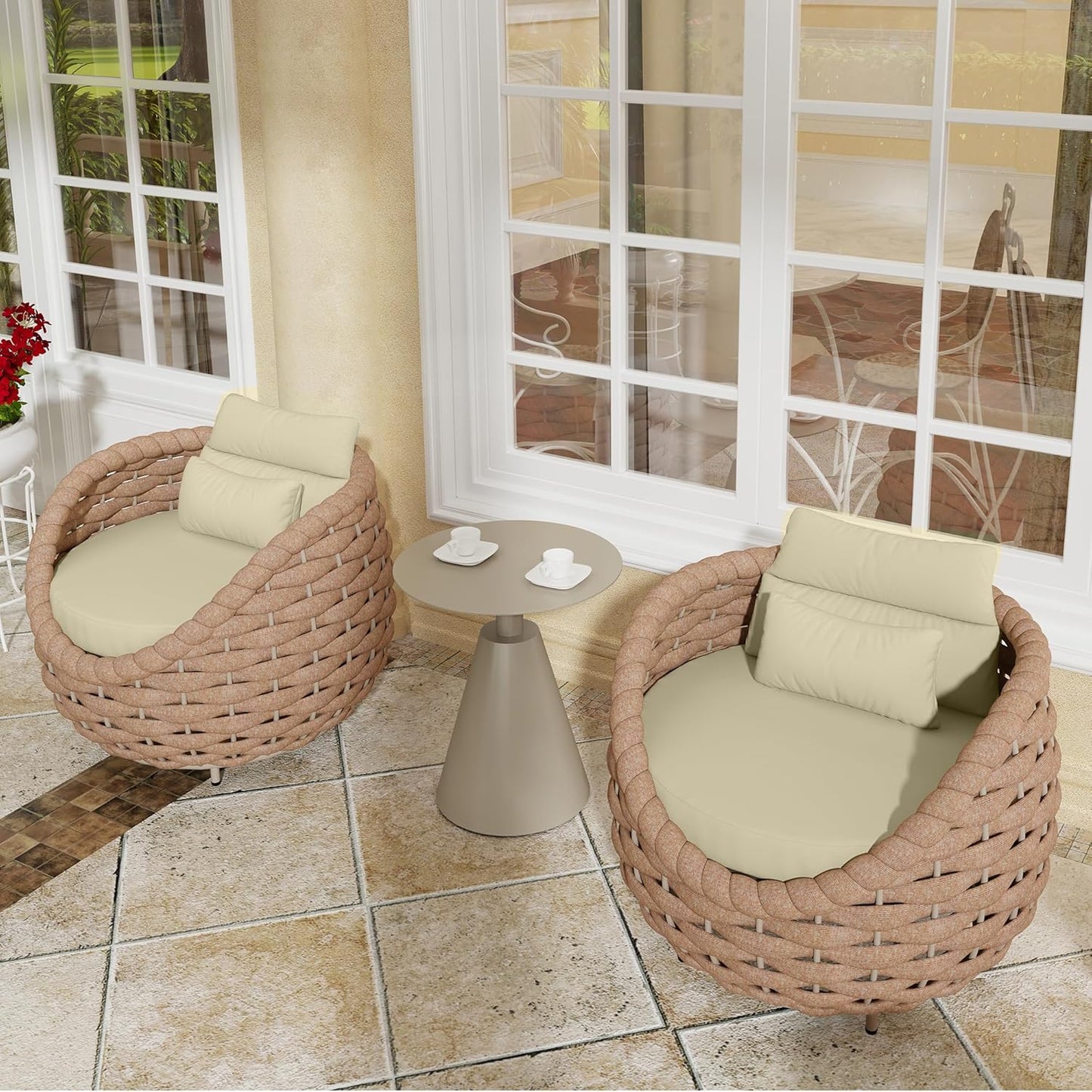 TWT 3 Pieces Aluminum Patio Furniture Set Quick Drying Textilene Rope Outdoor Sofa Set w/Washable Cushion and Rock Slab Tabletop, Conversation Furniture for Livingroom Poolside Balcony (Khaki)