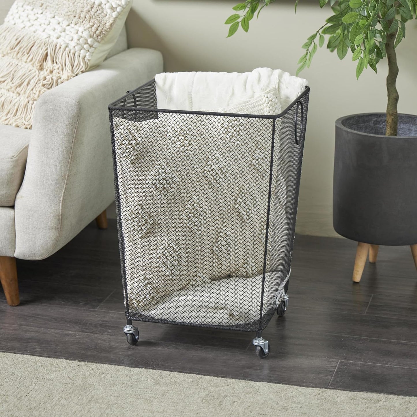 Deco 79 Metal Storage Basket Square Mesh Wire Rolling Laundry with Ring Handles, 17" x 16" x 24", Black