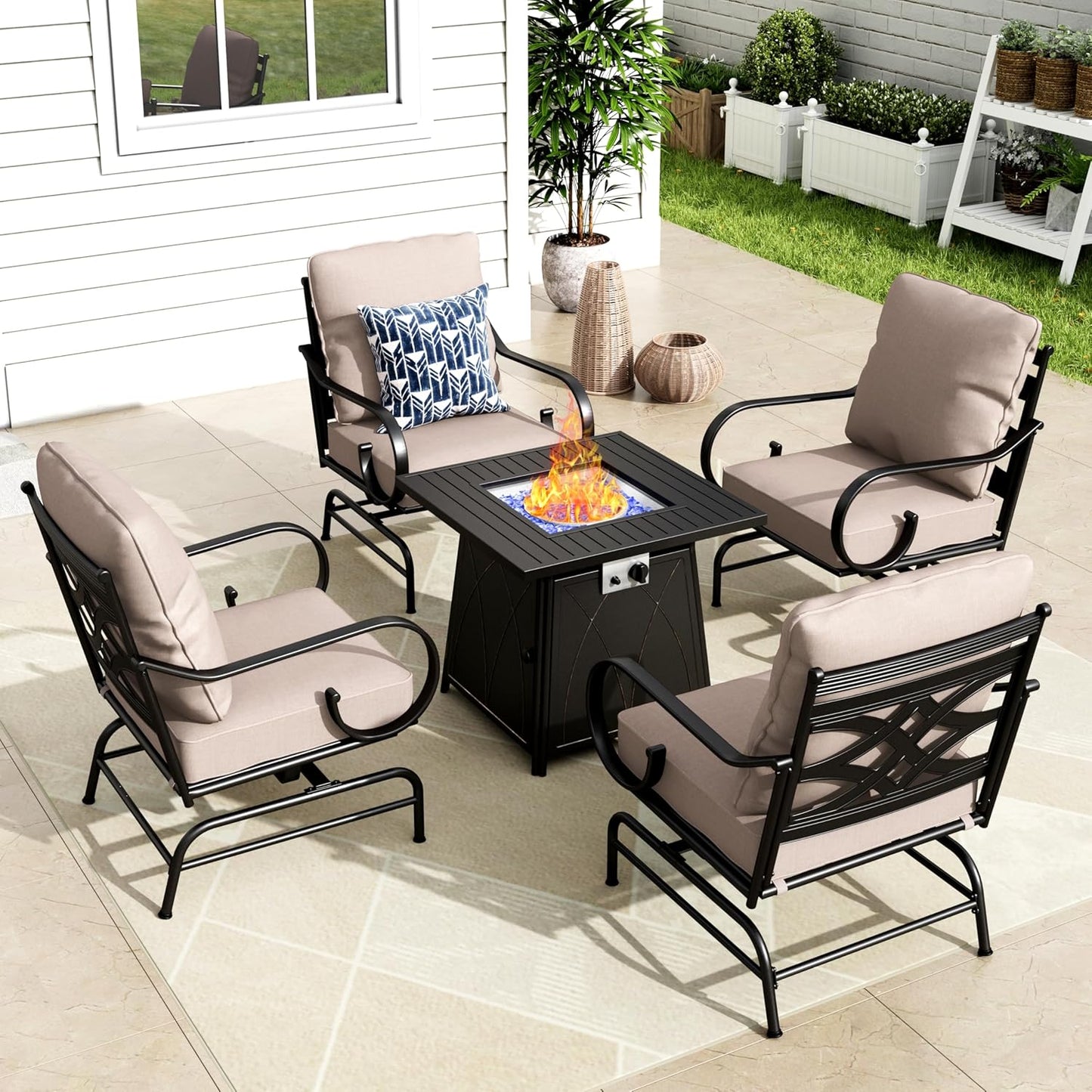 MFSTUDIO 5 Pieces Large Patio Sofa Conversation Set with 28 Inch Propane Fire Pit Table, Metal Outdoor Sectional Furniture with Thick Cushion Motion Chairs Gas Fire Pit