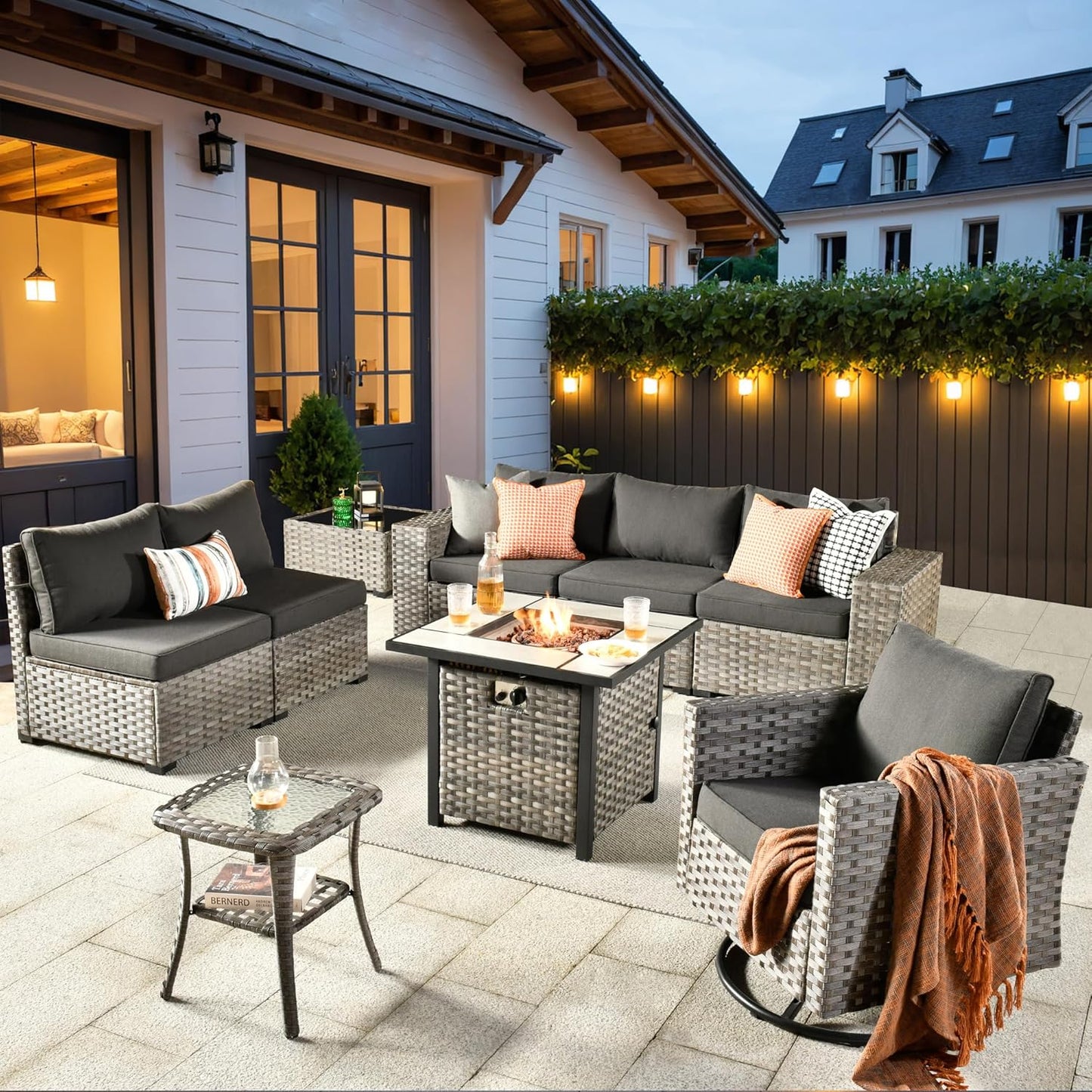 ovios 9 Pieces Patio Furniture Set, Outdoor Wicker Sectional Sofa with 30" Fire Pit Table Swivel Chair, Modern Modular Deep Seat Rattan Couch Conversation Sets, Black