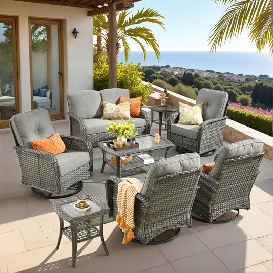 HOOOWOOO Patio Furniture Set,8 Pieces Outdoor Conversation Set,All Weather Wicker Loveseat Sofa Set with High Back Swivel Rocking Chairs Tables,Dark Gray