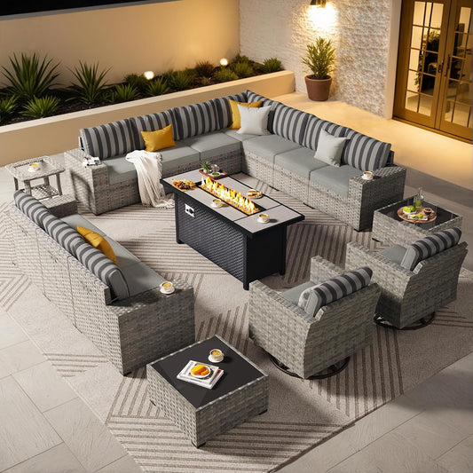 ovios 16 Pieces Patio Furniture Set, Outdoor Wicker Sectional Sofa with 54" Fire Pit Table Swivel Chairs, Modern Modular Deep Seat Rattan Couch Conversation Sets, Dark Gray Stripe