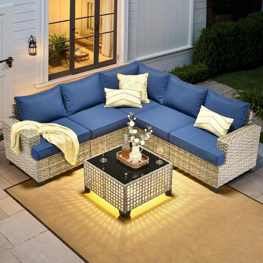 HOOOWOOO Outdoor Sectional Patio Furniture Set,6 Pieces Wicker Conversation Sets L Shaped Couch,Extra Deep Out Door Sofa Outside Furniture,Navy Blue