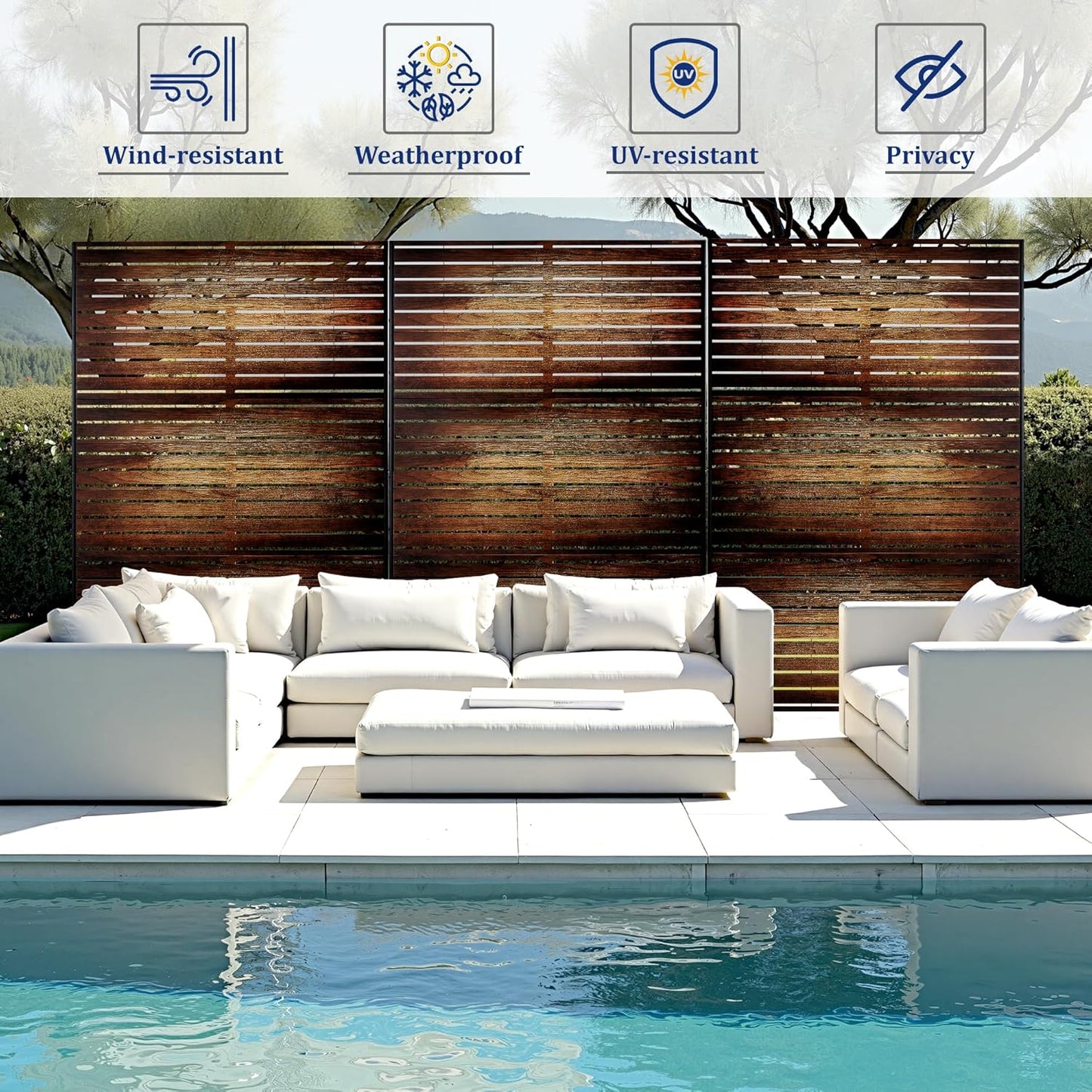 FENCY Outdoor Privacy Screen, 72" H×47" W Metal Patio Privacy Screen, Freestanding Decorative for Deck Balcony Patio Vintage Wood Color