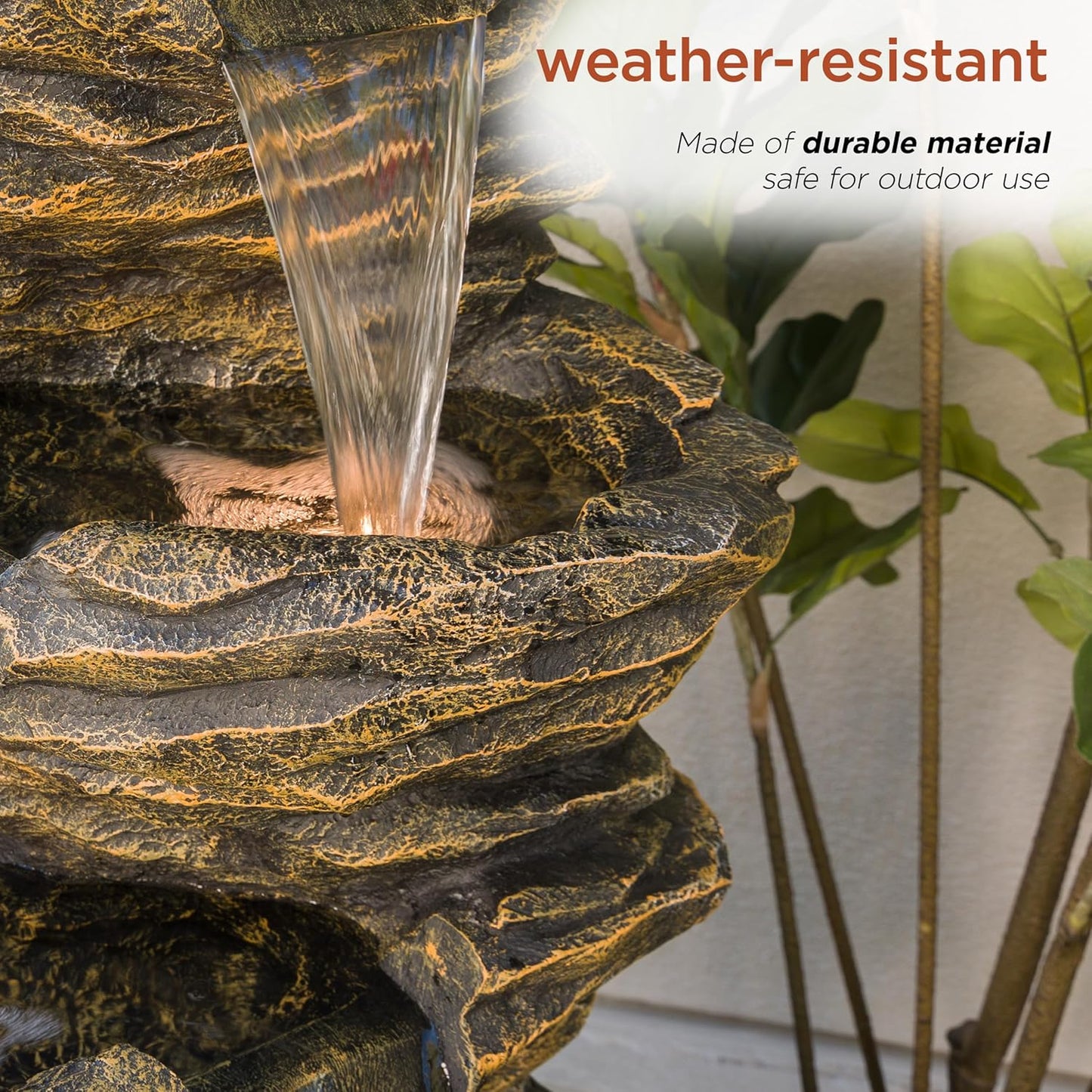 Alpine Corporation GIL110 Outdoor 5 Tiered Natural Look Rock Water Floor Fountain with Replaceable Lights,39" H, Brown