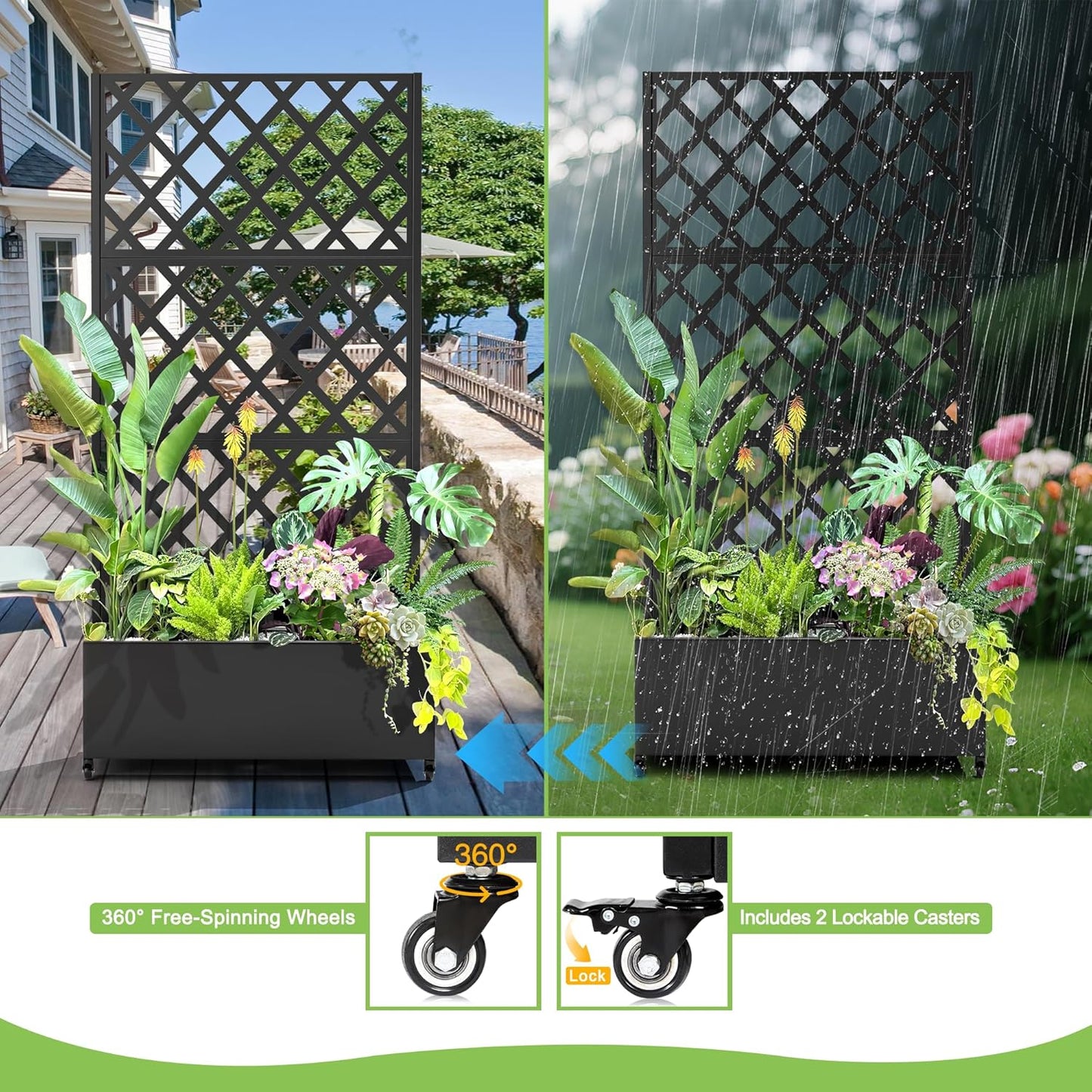 Metal Planter Trellis Box with Wheels & Drain Plug Outdoor Raised Garden Bed Patio Privacy Screen with Planter for Climbing Plants, Vegetables 73"x35"x16" Black-Diamond