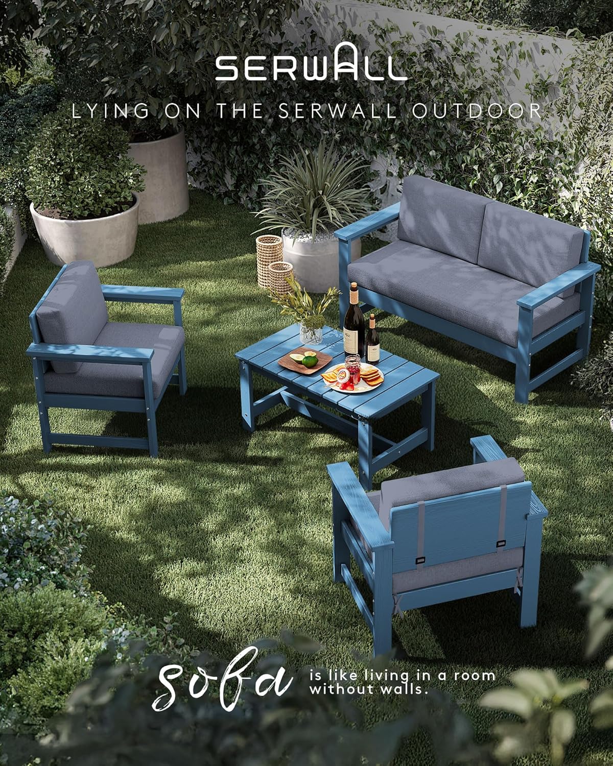 SERWALL Blue HDPE Outdoor Loveseat with Grey Cushions
