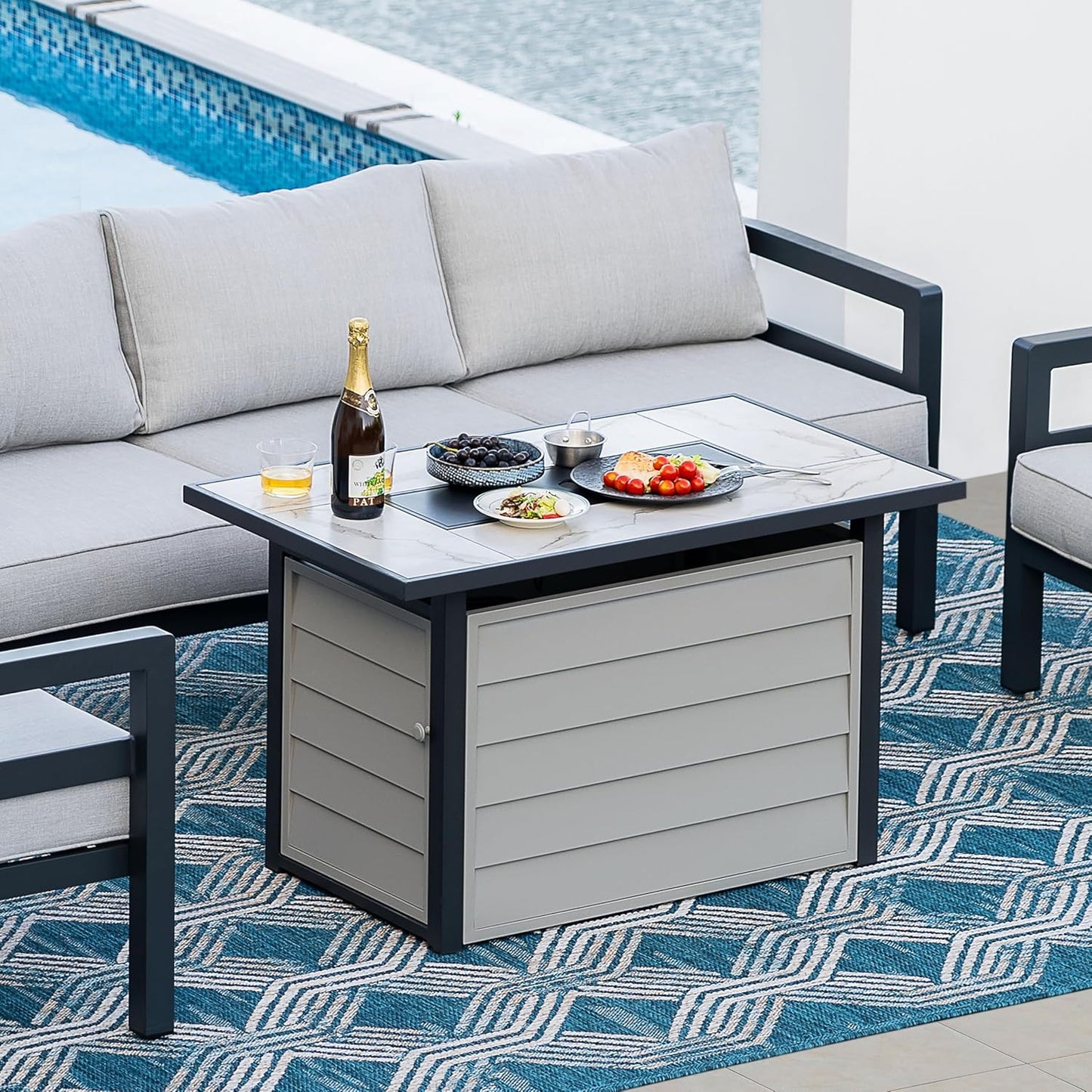 Nuu Garden 43'' Patio Propane Fire Pit Table, 50,000 BTU Gas Fire Pit with Marble-Textured Glass Top, Wind Guard, Lid, Glass Beads, CSA-Certified, 2-in-1 Outdoor Table for Gatherings, Ivory White