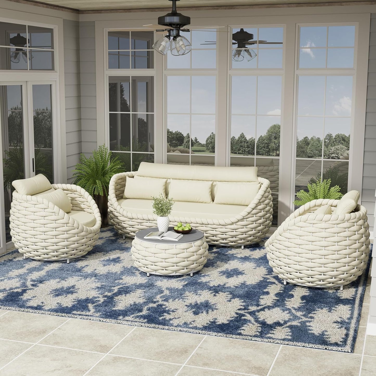 Woven Rope Outdoor Sofa Set: 4 Pieces Aluminum Patio Conversation Set Assembled - All Weather Cushioned Porch Furniture Couch - Modern Metal Lounge Set for Deck Yard Resort Hotel Sunroom, Beige