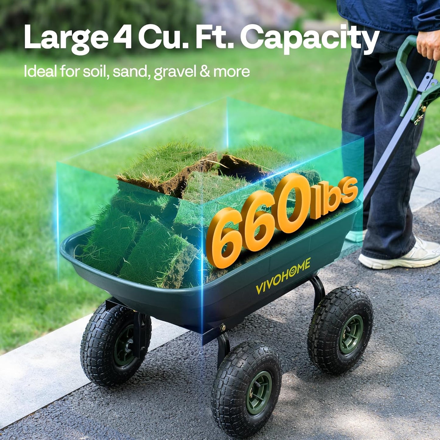 VIVOHOME 4 Cu.Ft 660lbs Wheelbarrow Garden Cart Dump Wagon with 2-in-1 Convertible Handle Attach to ATV or Tractor, 10" All Terrain Wheels, Quick Release System, Heavy Duty Utility Trailer for Yard