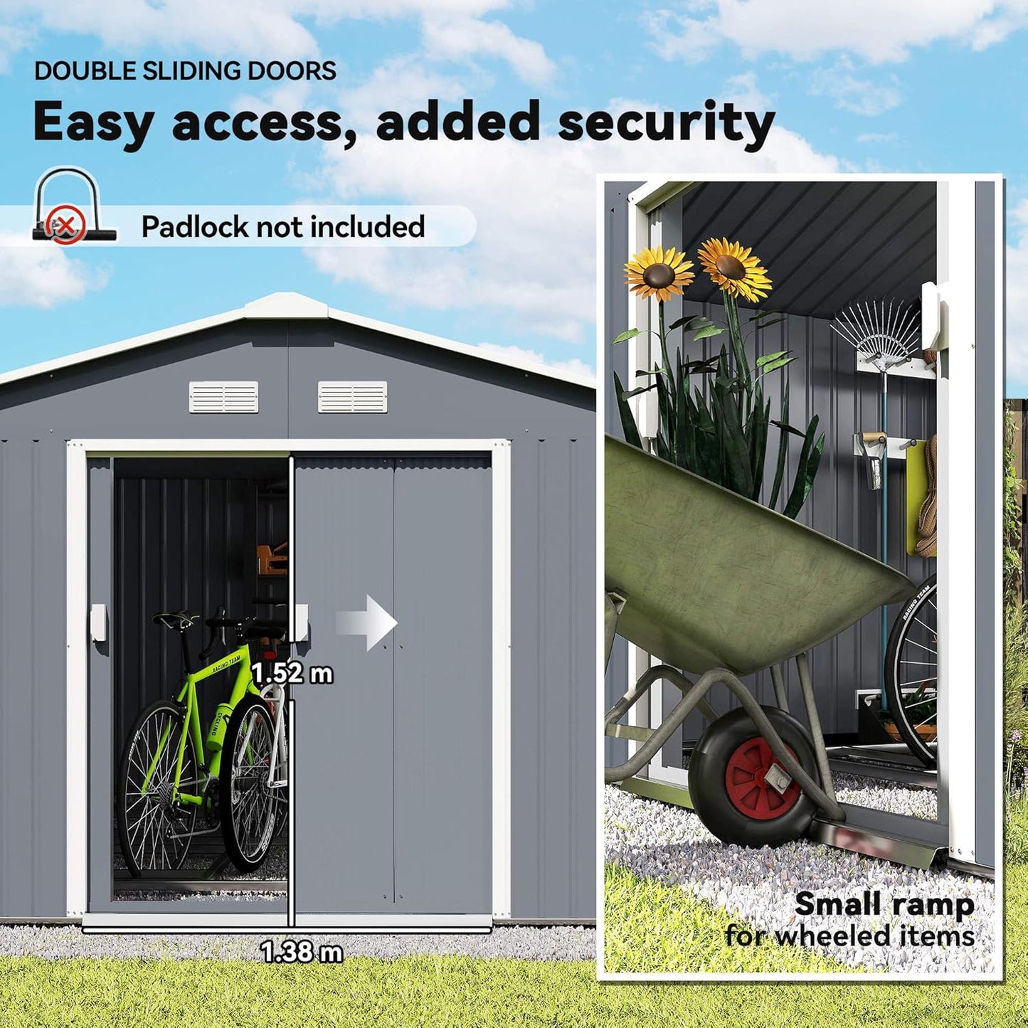 Outsunny 11' x 13' Outdoor Storage Shed, Garden Tool Metal Shed with Foundation Kit, Double Lockable Door, Air Vents and Sloping Roof, for Backyard, Patio, Lawn, Dark Gray